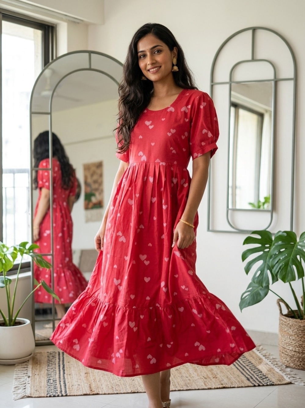 Red Heart-Print Tiered Midi Dress